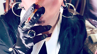 Wednesday Addams, Tina Snua,  Chain Smokes 2 Cigarettes In Satin Gloves - Smoking Smoker Drifts Snap Inhales OMI OME Tip To Tail
