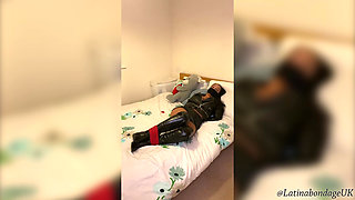 Latina in Leather Boots and Full Leather Outfit Tied Tight and Wrap Gagged