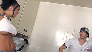 Inked Big Boobs tanned Bombshell Mason Moore seduce her Big Dick Co-Worker to Fuck at Break in kitchen