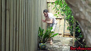 Stepsisters fucked by stepbrother in outdoor threesome