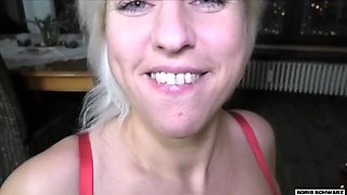 Boris Schwarz fucks blonde milf under Christmas tree - hardcore German amateur POV with cum in mouth