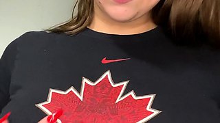 Busty curly brunette with big boobs fucks on couch