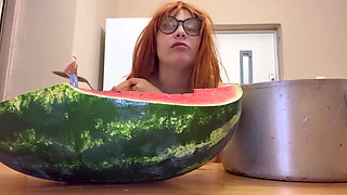 Giantess Stepsister Eats Watermelon and Is Really Horny While Tiny Stepbrother Watches Giantess Stepsister Eat