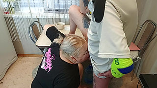 in the afternoon, I fuck my neighbor in the mouth in the kitchen and cum