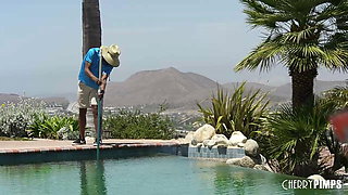 Horny Blonde Invites The Pool Man In To Suck His Big Black cock