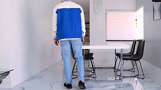 Young boy glimpses through door gap at a stellar woman