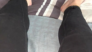 Close-up foot fetish wet tight wet pussy gets satisfied with golden vibrator to intense climax trembling twitching moaning horny