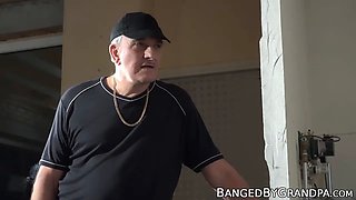 Young lady shoots an erotic film and has sex with an old man