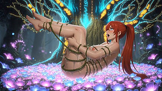 Blindfolded Red Hair Girl Suspended by Thorny Vines Extreme Wet Bondage 3D