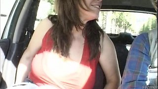 Brunette Strips Red Top for Public Blowbang Before Threesome Pound