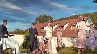 Aroused bride shared by her family in a loud outdoor cuckold fetish