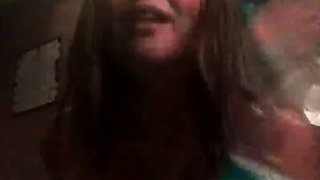 Busty curly brunette with big boobs fucks on couch