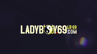 Skinny ladyboy with big boobs strokes her shaved cock till