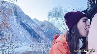 Russian teen gives amazing POV blowjob on mountain with cum in mouth
