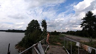 Blonde Babe Strips on the Bridge