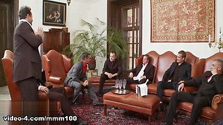 Two classy bitches get fucked hard in a big sex orgy with double penetration - MMM100