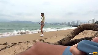 Katty West Helps Stranger Cum with Public Handjob & Blowjob on Beach - POV Close-Up!
