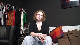 German bbw milf gets aroused by touching her big pierced tits while masturbating her shaved pussy with a long sex toy
