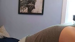 Busty curly brunette with big boobs fucks on couch