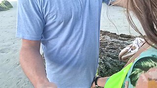 blowage and money-shot of daughter on a public beach