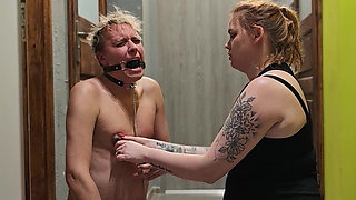 Femdom. Sex Slave of a Dominatrix. Handcuffed, His Dick Tied up, Toothpaste Smeared on It, and Covered in Urine.