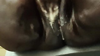 Rubbing Pounding My Fat Black Pussy with Massive Monster Dildo Squirting