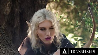 Blonde shemale elf fucks a big-boobed beauty during a picnic in the forest