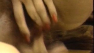 Gorgeous hairy lesbian licked on the bed