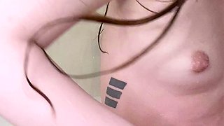 Small tit brunette amateur tugs on a big willie