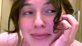 Busty curly brunette with big boobs fucks on couch
