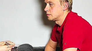 Femdom. He Smokes a Cigarette and a Busty Woman Fucks Him Hard in the Ass with a Strapon.