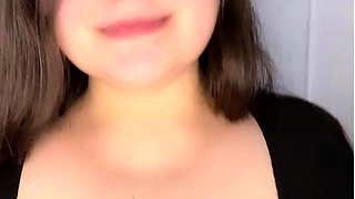 Busty curly brunette with big boobs fucks on couch