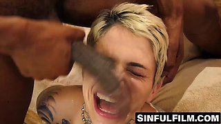 Short blonde babe gets fucked by a group of BBCs