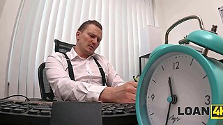 Brunette with big naturals fucked by a sly loan officer dude