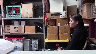 Brunette Latina Teen with Small Tits Sits in Storage Room