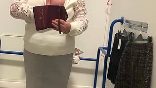 Julie in M&s Locker Room - No Knickers Under Skirt, Sits on Dildo Then Tries on Skirts in Tan Tights