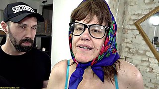 Nymphomaniac Busty Natural Granny with Loose Shirt and Glasses Takes Brutal Anal Pounding