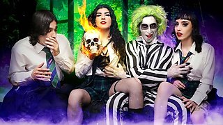 Stepbrother Calls Beetlejuice for Hot Foursome with Slutty Teens in 4K