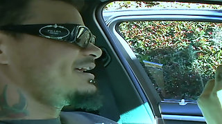 Purple Dildo Threesome in the Garage - Tattooed Brunette and Two Girlfriends by the Red Sports Car
