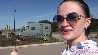 Beautiful brunette Imani Valor in hot glasses having sex on the beach.
