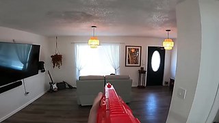 Blonde MILF won the Nerf duel with the help of her hairy pussy