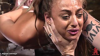 Hogtied hairy pussy babe machine fucked