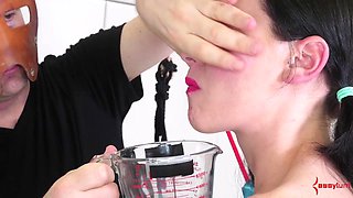 Messy sub gagging and suck on penis