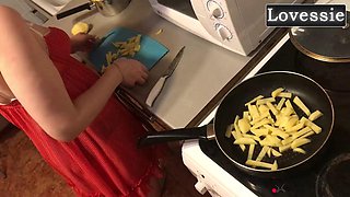 Lovessie the TS MILF Slave Serves Up Dinner for Her Master Before Dropping to Suck His Big Cock