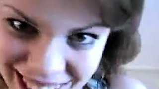 Amateur young brunette enjoys dildo on solo masturbation