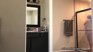 Stepmother showers, I jerk off while peeking