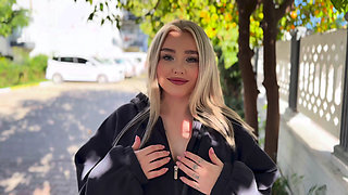 Shows off her pussy on the street on the first date! Cum in her pussy!