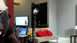 Busty curly brunette with big boobs fucks on couch