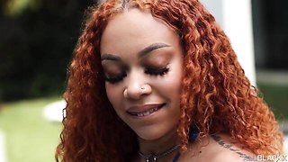 Sexy redhead chick Jazz The Stallion is enjoying hard fuck so much