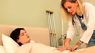 Sexy nurse allows patient to cum inside her taut pussy.